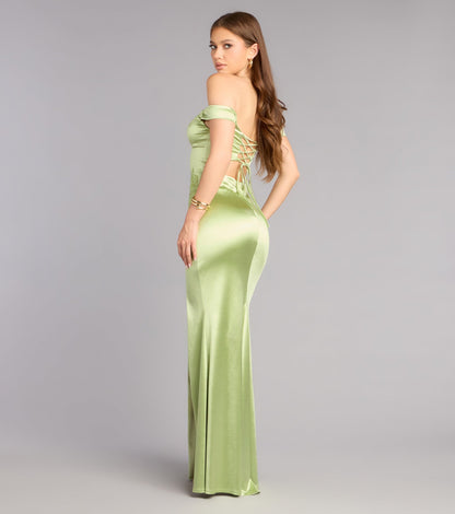 Glamorous Satin Mermaid Off-Shoulder Lace-Up High Slit Floor Length Evening Gown