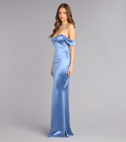 Elegant Satin Mermaid Off-Shoulder Sweetheart Ruched Floor-Length Evening Gown