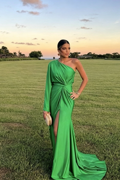 Satin Mermaid One-Shoulder Floor-Length Knot-Waist Slit Prom Dress
