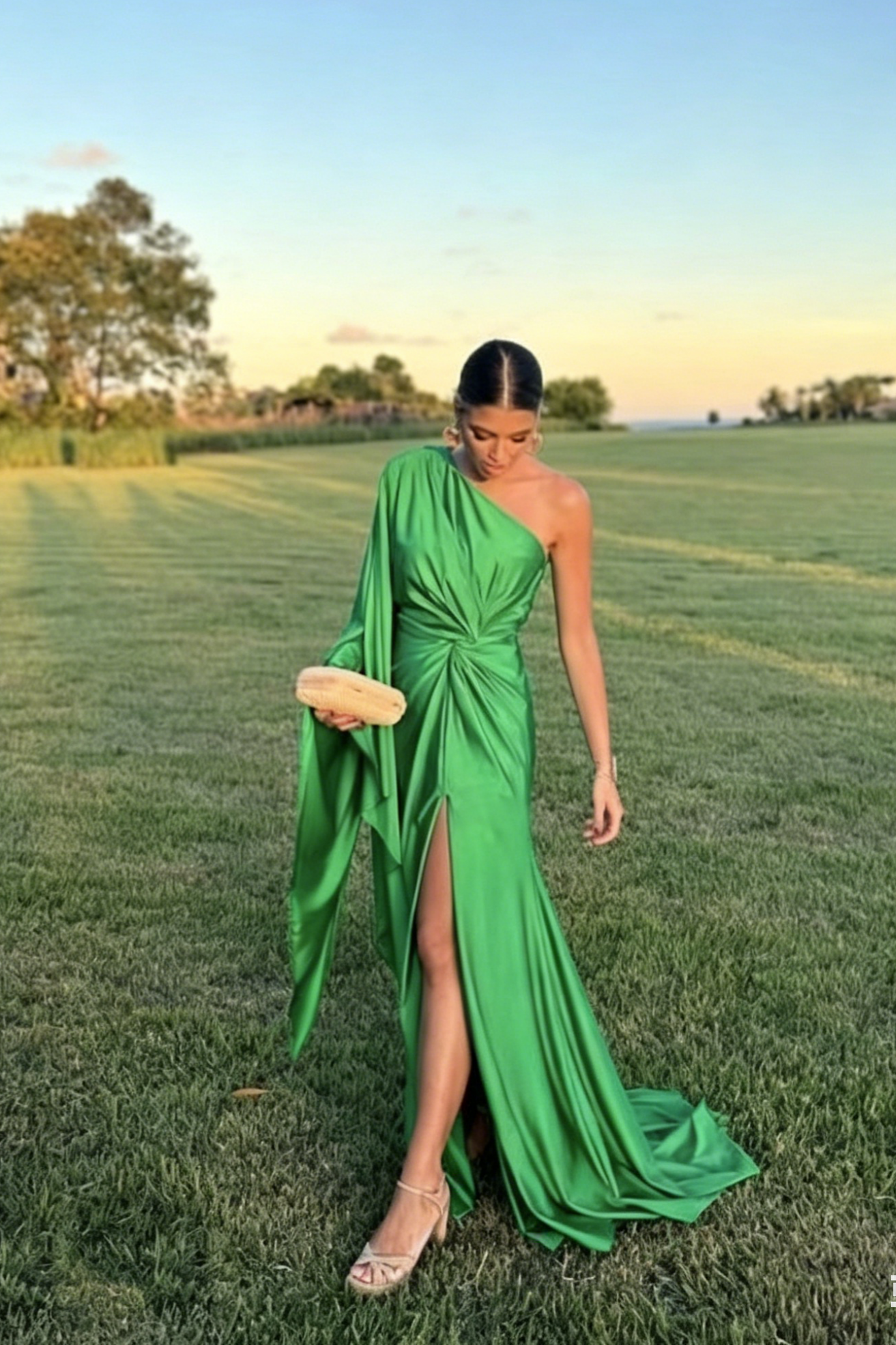 Satin Mermaid One-Shoulder Floor-Length Knot-Waist Slit Prom Dress