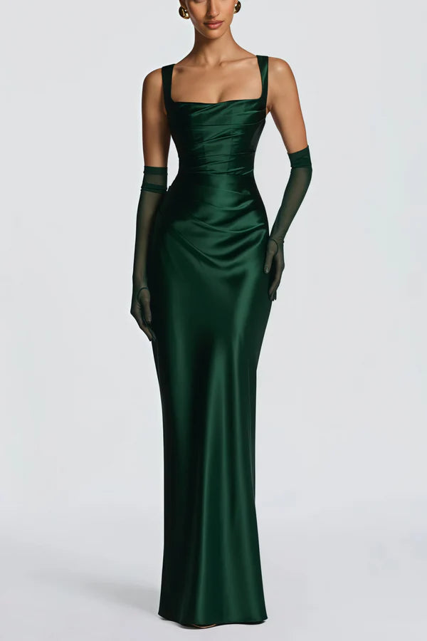 Satin Mermaid Square Neck Sleeveless Floor Length Evening Dress with Choker and Corset Back