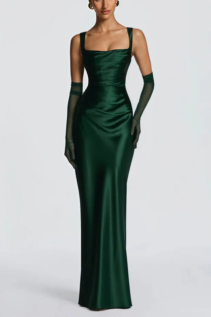 Satin Mermaid Square Neck Sleeveless Floor Length Evening Dress with Choker and Corset Back