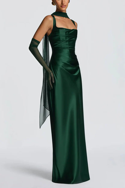 Satin Mermaid Square Neck Sleeveless Floor Length Evening Dress with Choker and Corset Back