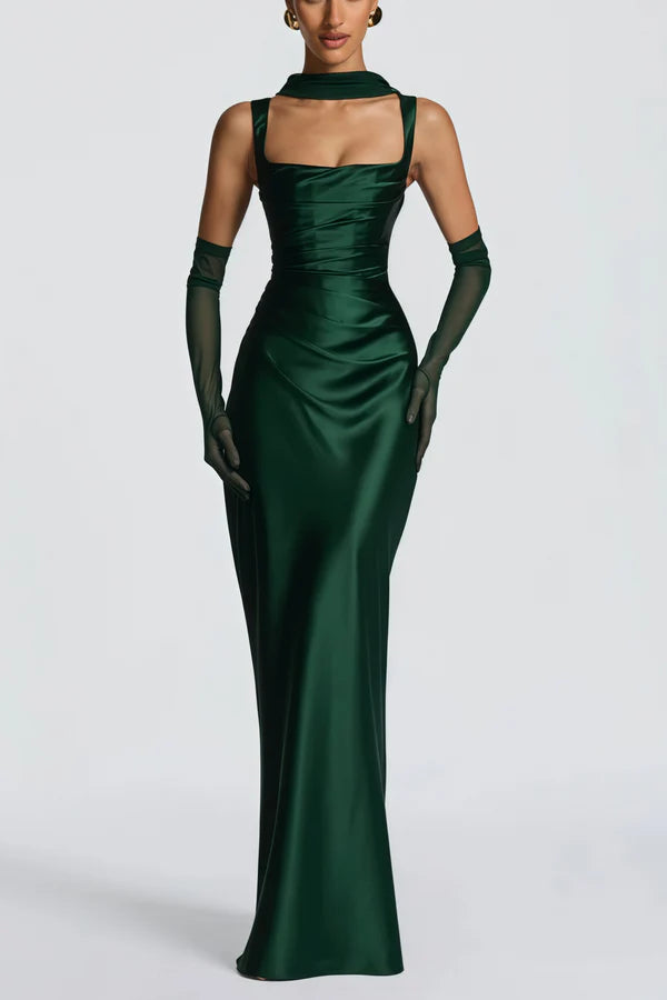 Satin Mermaid Square Neck Sleeveless Floor Length Evening Dress with Choker and Corset Back