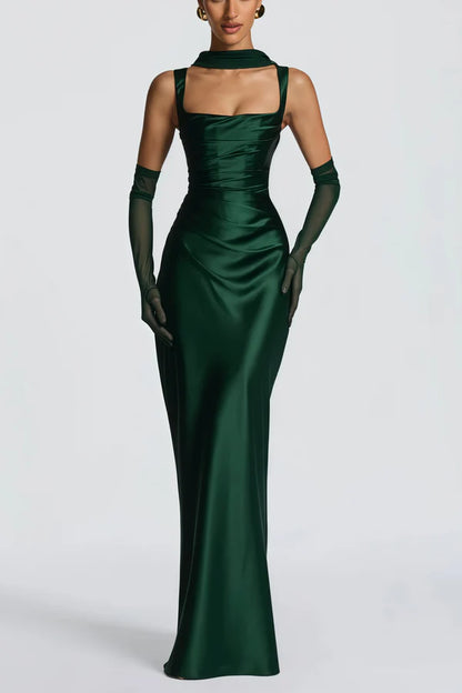 Satin Mermaid Square Neck Sleeveless Floor Length Evening Dress with Choker and Corset Back