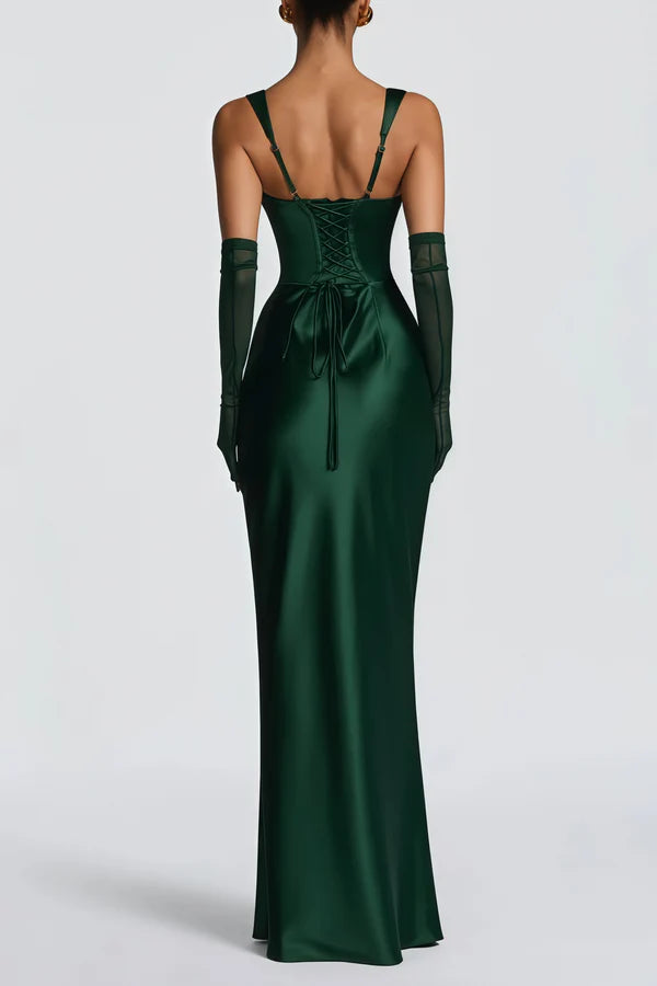 Satin Mermaid Square Neck Sleeveless Floor Length Evening Dress with Choker and Corset Back