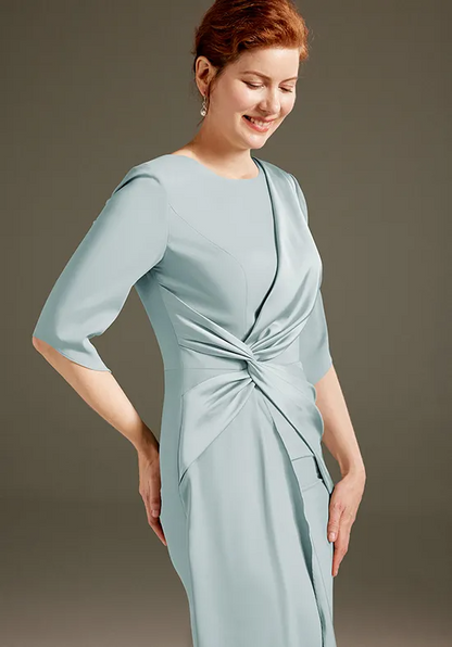 Elegant Satin Straight Round Neck Half-Sleeve Twist Knot Mother of the Bride Gown