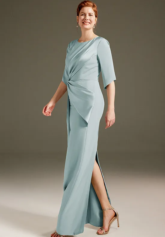 Elegant Satin Straight Round Neck Half-Sleeve Twist Knot Mother of the Bride Gown