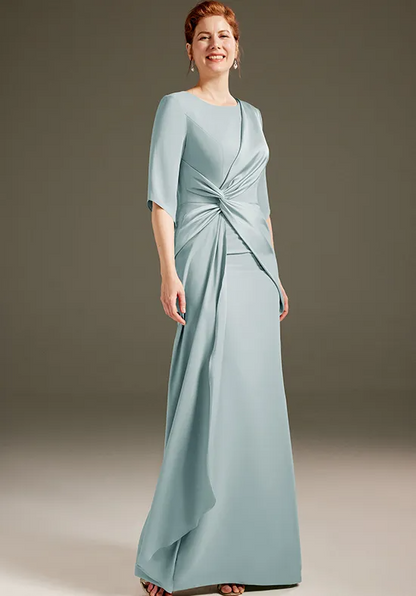 Elegant Satin Straight Round Neck Half-Sleeve Twist Knot Mother of the Bride Gown