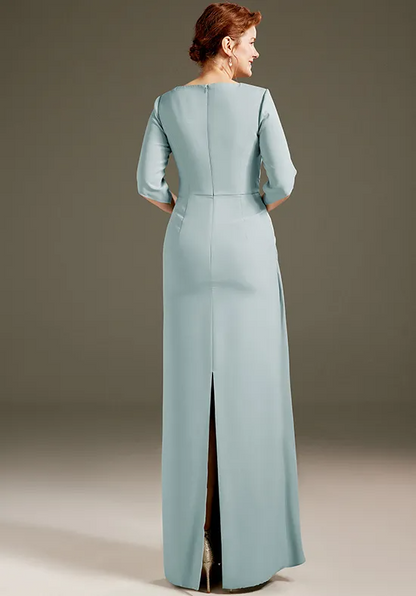 Elegant Satin Straight Round Neck Half-Sleeve Twist Knot Mother of the Bride Gown