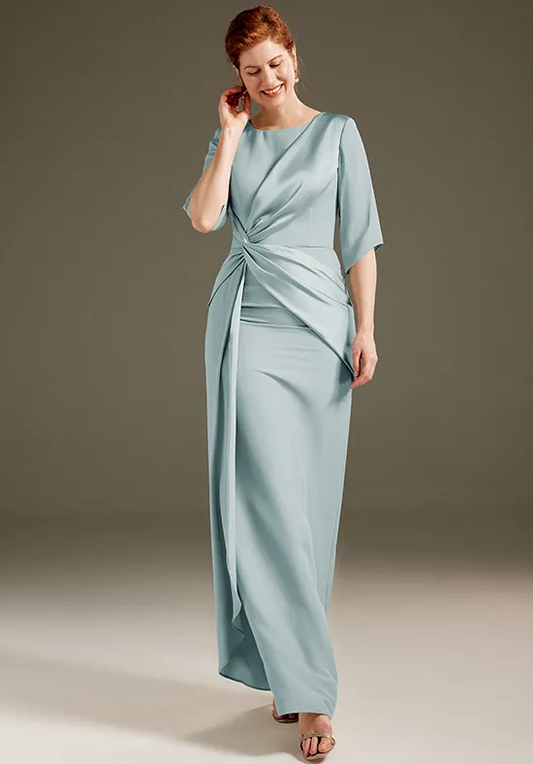 Satin Round Neck Twist Knot Half-Sleeve Column Floor-Length Mother of the Bride Dresses
