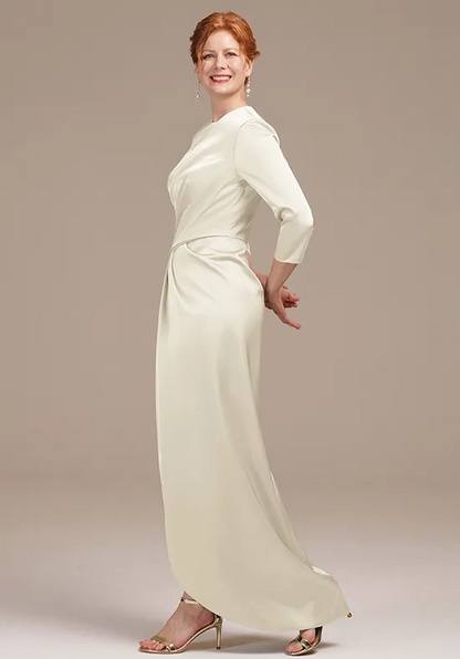 Elegant Satin Round Neck 3/4-Sleeve Wrap Slit Floor Mother Gown