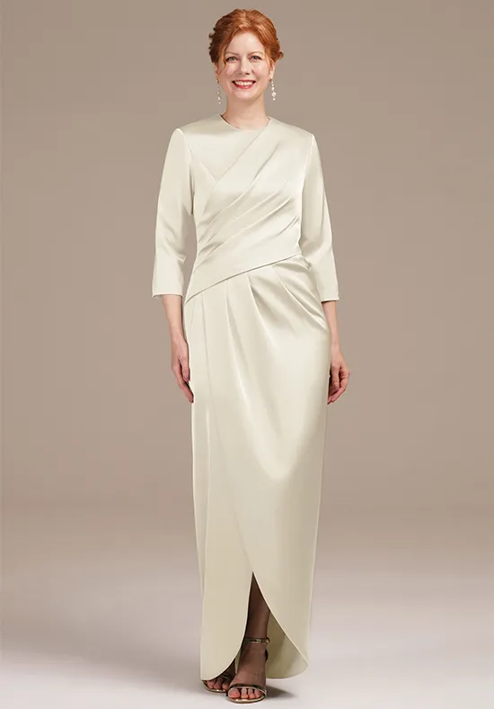 Elegant Satin Round Neck 3/4-Sleeve Wrap Slit Floor Mother Gown