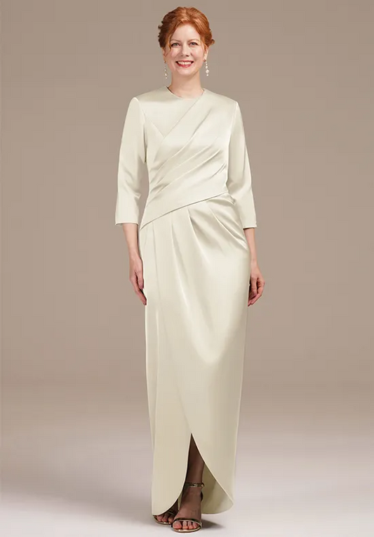 Satin Round Neck Wrap Bodice 3/4-Sleeve Asymmetrical Slit Floor-Length Mother of the Bride Dresses