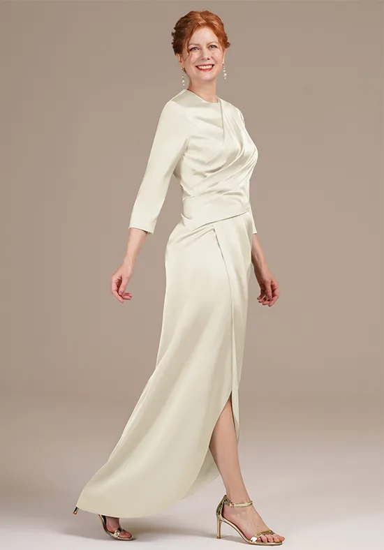 Elegant Satin Round Neck 3/4-Sleeve Wrap Slit Floor Mother Gown