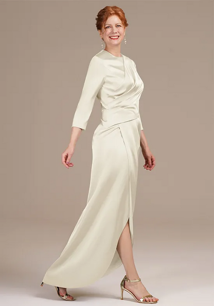 Elegant Satin Round Neck 3/4-Sleeve Wrap Slit Floor Mother Gown