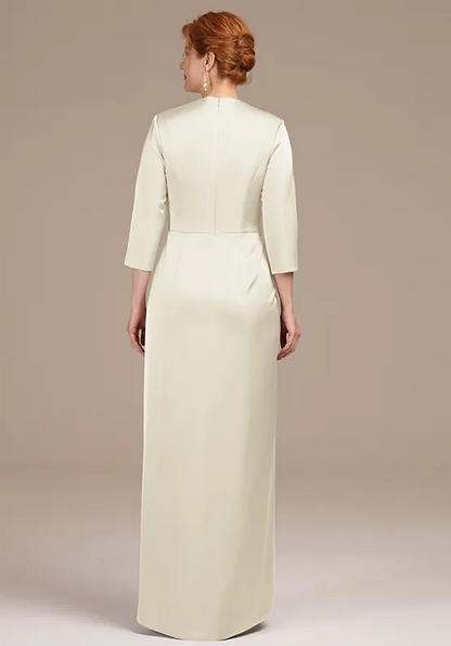 Elegant Satin Round Neck 3/4-Sleeve Wrap Slit Floor Mother Gown