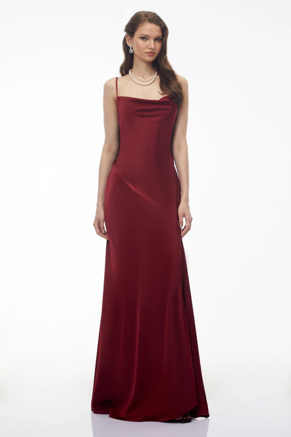 Satin Slip Cowl Neck Spaghetti Strap Floor Length Evening Dress with Open Back Draped Panel