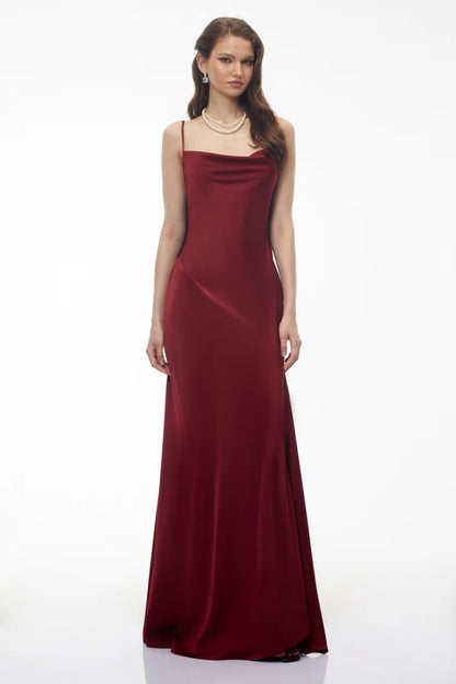 Satin Slip Cowl Neck Spaghetti Strap Floor Length Evening Dress with Open Back Draped Panel