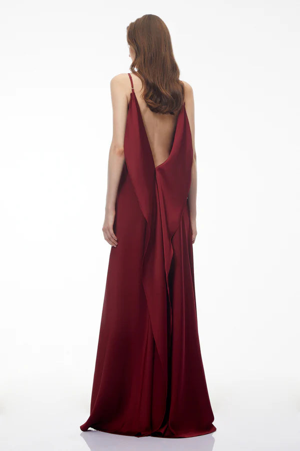 Satin Slip Cowl Neck Spaghetti Strap Floor Length Evening Dress with Open Back Draped Panel