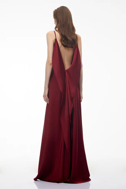 Satin Slip Cowl Neck Spaghetti Strap Floor Length Evening Dress with Open Back Draped Panel