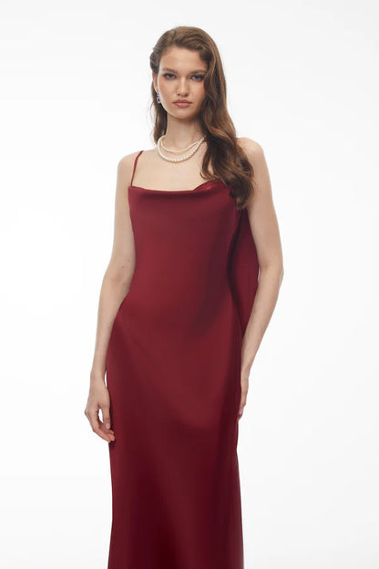 Satin Slip Cowl Neck Spaghetti Strap Floor Length Evening Dress with Open Back Draped Panel