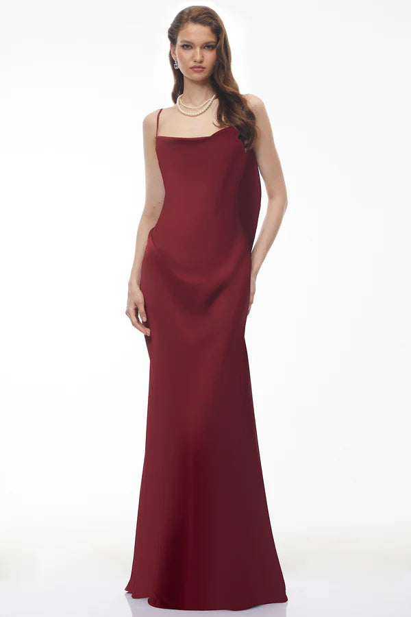 Satin Slip Cowl Neck Spaghetti Strap Floor Length Evening Dress with Open Back Draped Panel