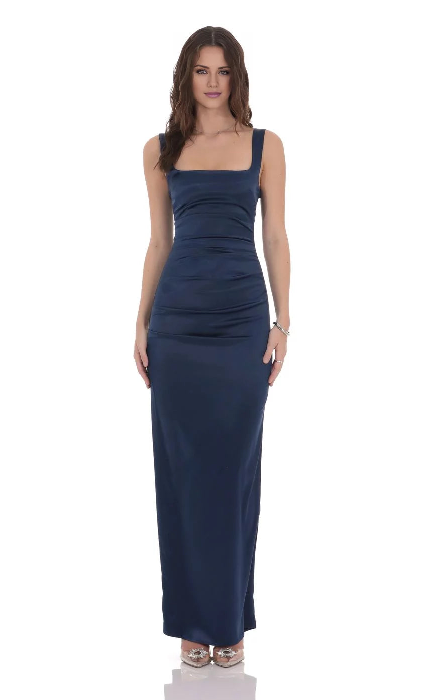 Satin Square Neck Sleeveless Ruched Bodice Square Open-Back Floor-Length Elegant Formal Evening Dress