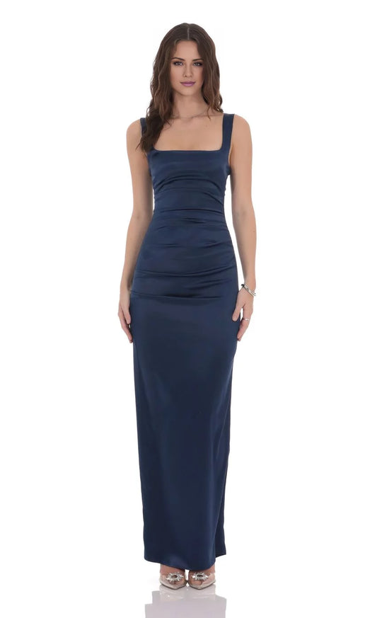 Satin Square Neck Sleeveless Ruched Bodice Square Open-Back Floor-Length Elegant Formal Evening Dress