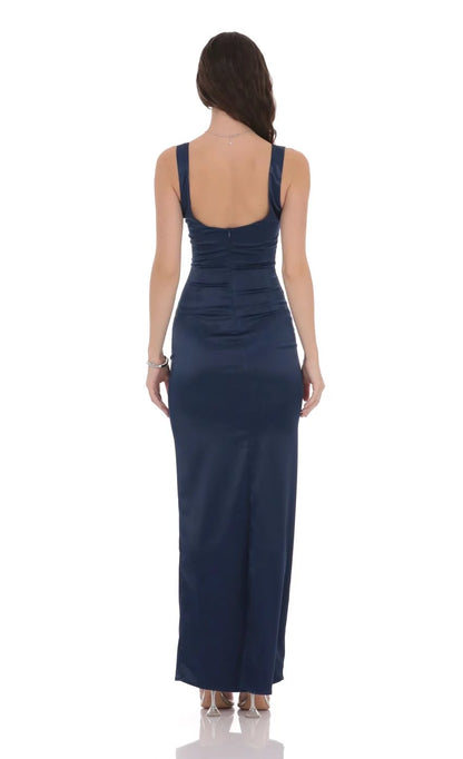 Satin Square Neck Sleeveless Ruched Bodice Square Open-Back Floor-Length Elegant Formal Evening Dress