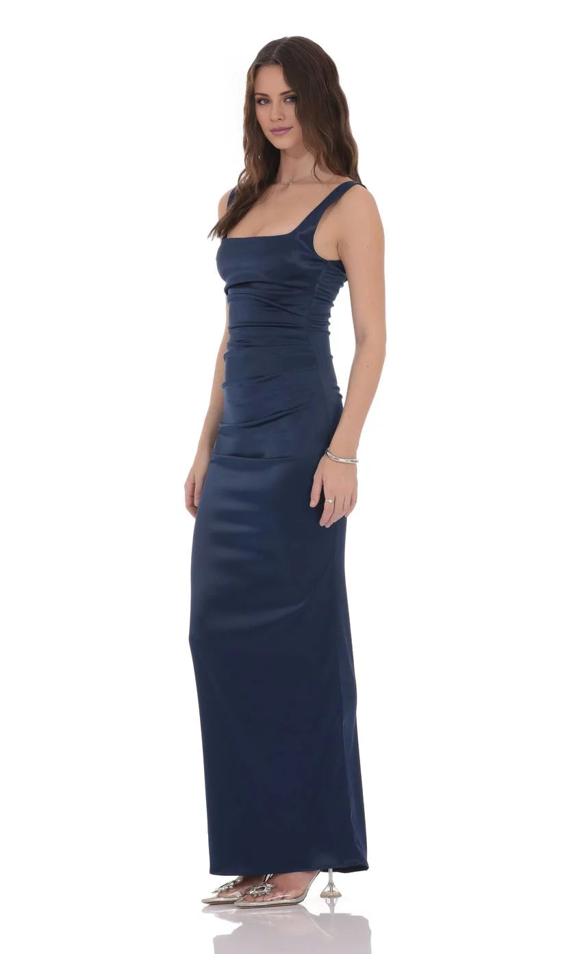 Satin Square Neck Sleeveless Ruched Bodice Square Open-Back Floor-Length Elegant Formal Evening Dress