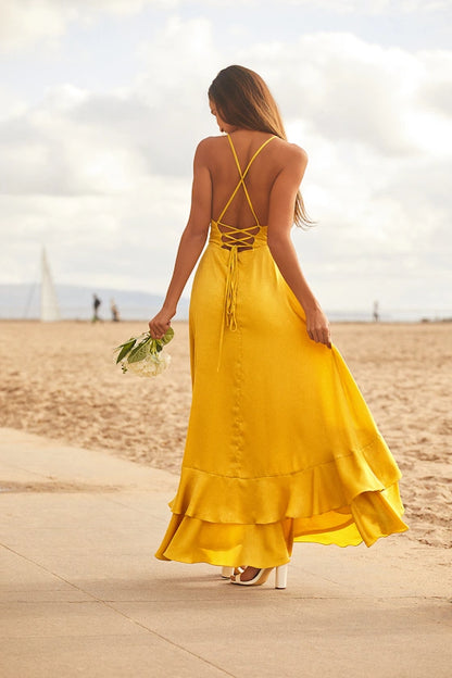 Satin Wrap Evening Dresses with Lace-Up Back, Ruffled High-Low Skirt and High Slit Formal Gown