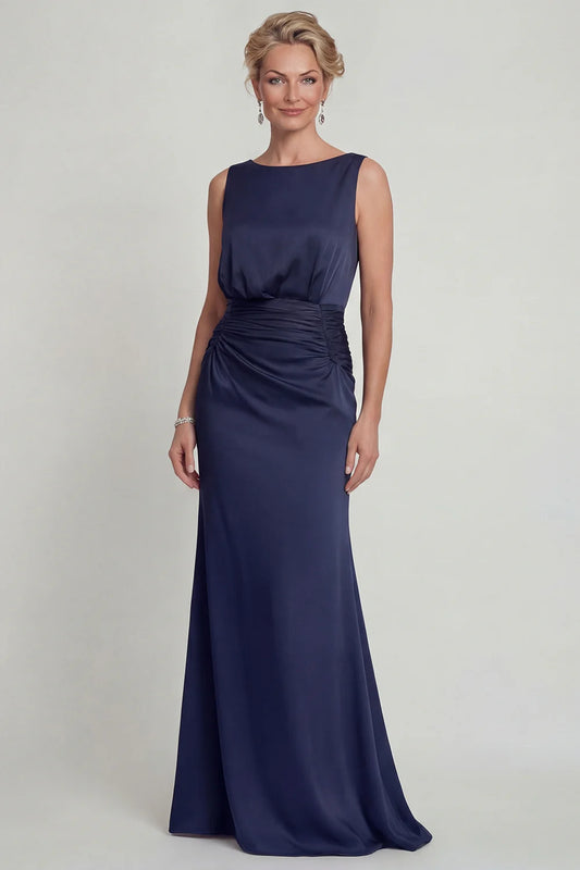 Satin crepe mermaid bateau-neck sleeveless draped floor-length mother of the bride dresses