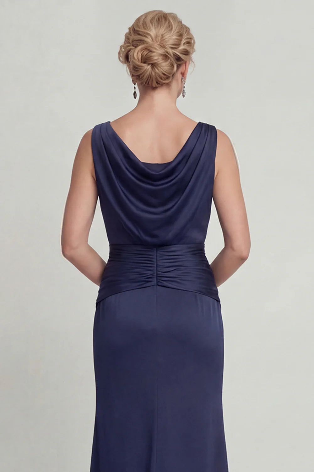 Satin crepe mermaid bateau-neck sleeveless draped floor-length mother of the bride dresses