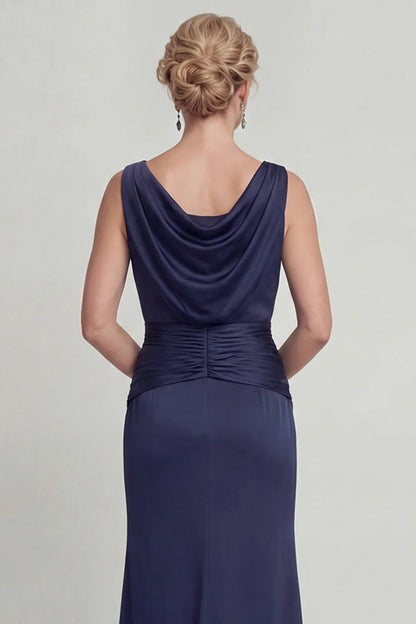 Satin crepe mermaid bateau-neck sleeveless draped floor-length mother of the bride dresses