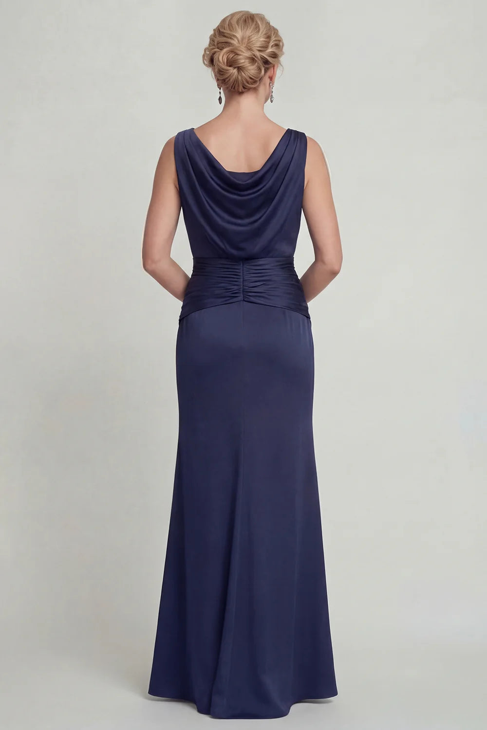 Satin crepe mermaid bateau-neck sleeveless draped floor-length mother of the bride dresses