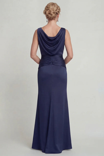 Satin crepe mermaid bateau-neck sleeveless draped floor-length mother of the bride dresses