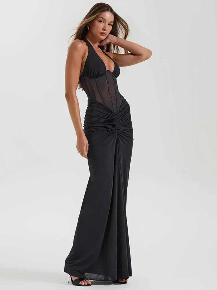 Seductive Tulle Mermaid Plunge Halter Sleeveless Open Back Floor-Length Evening Dresses