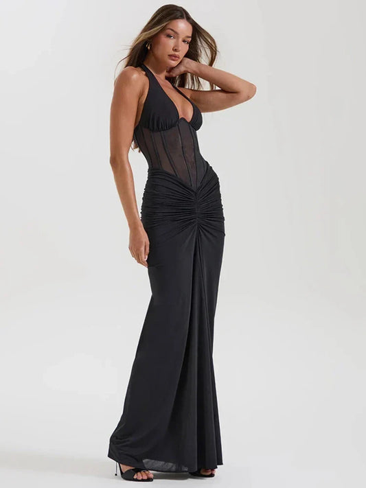 Seductive Tulle Mermaid Plunge Halter Sleeveless Open Back Floor-Length Evening Dresses