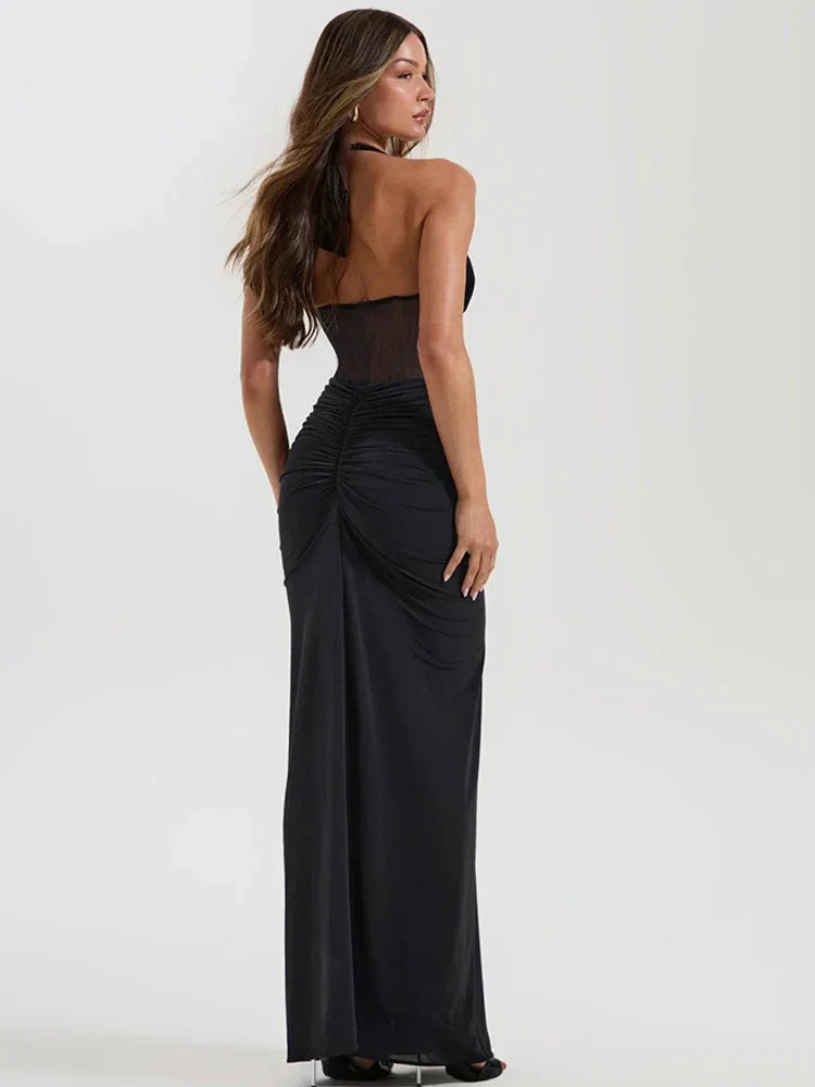 Seductive Tulle Mermaid Plunge Halter Sleeveless Open Back Floor-Length Evening Dresses