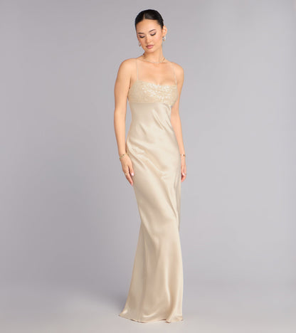 Glamorous Sequin Satin Mermaid Spaghetti Strap Lace-Up Open Back Floor Length Evening Gown