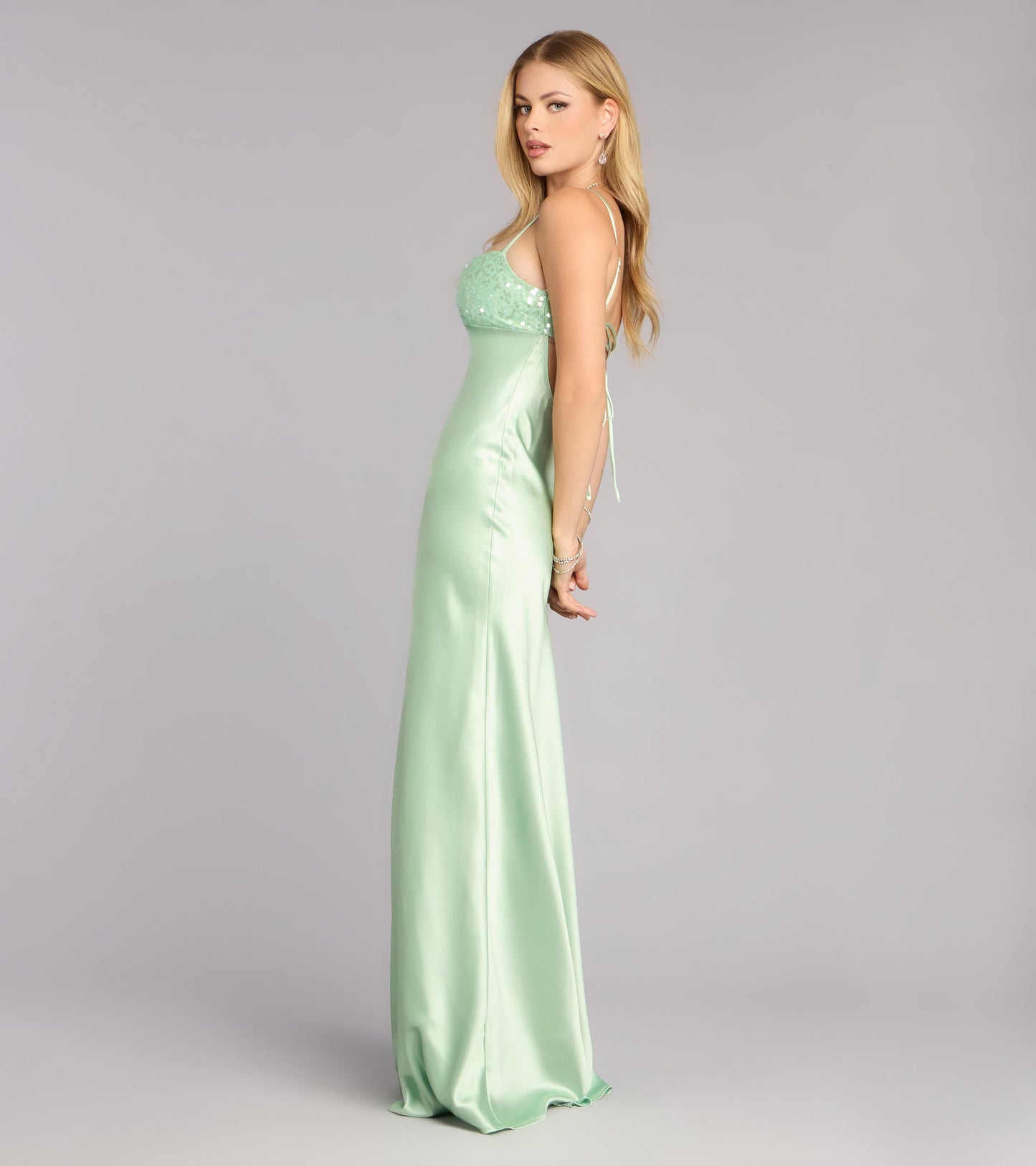 Glamorous Sequin Satin Mermaid Spaghetti Strap Lace-Up Open Back Floor Length Evening Gown