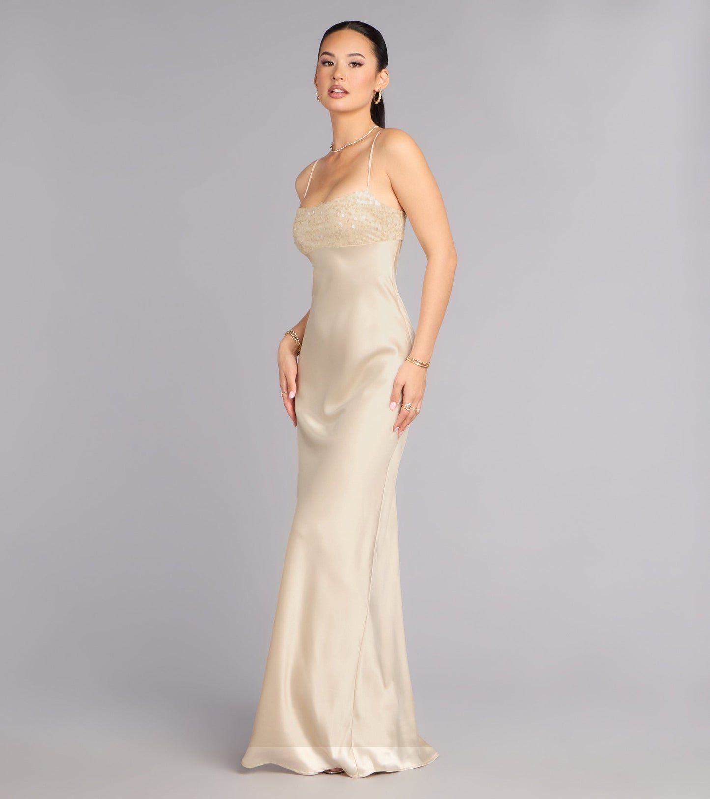 Glamorous Sequin Satin Mermaid Spaghetti Strap Lace-Up Open Back Floor Length Evening Gown
