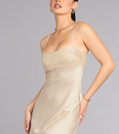 Glamorous Sequin Satin Mermaid Spaghetti Strap Lace-Up Open Back Floor Length Evening Gown