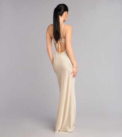 Glamorous Sequin Satin Mermaid Spaghetti Strap Lace-Up Open Back Floor Length Evening Gown