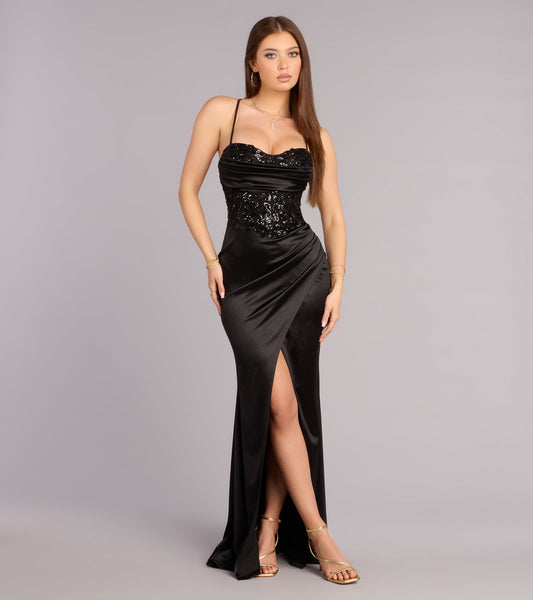 Sequin Corset Satin Mermaid Spaghetti Strap Lace-Up High Slit Floor Length Evening Dress