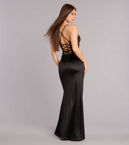 Sparkling Sequin Satin Mermaid Corset Lace-Up High Slit Floor Length Evening Dress