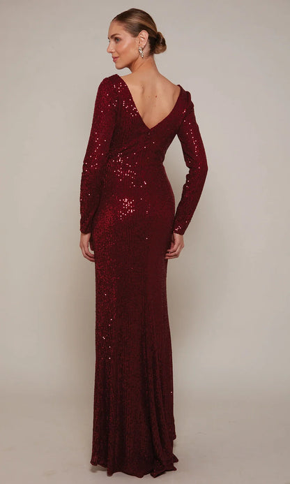 Sequin Mermaid Gown with Long Sleeves, Wrap Bodice, V-Neck for Mother of the Bride Dresses