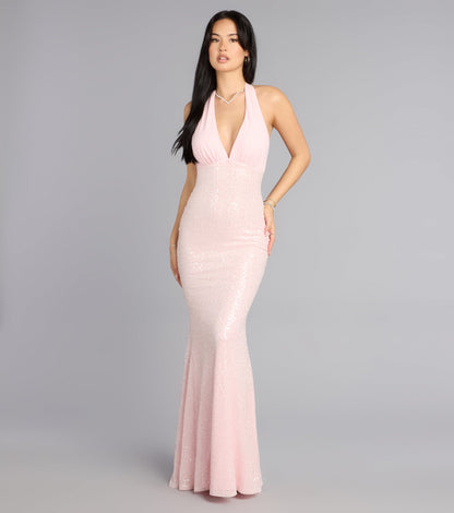 Sparkling Sequin Mermaid Halter V-Neck Bow-Tie Open Back Floor-Length Gown