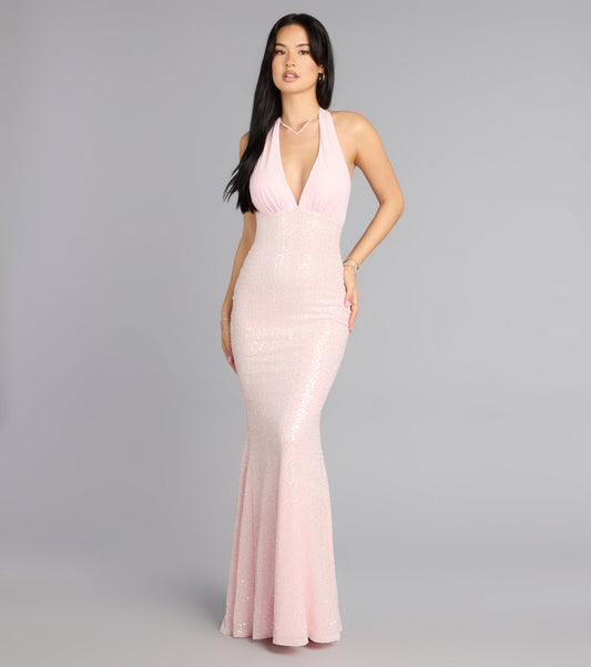 Sequin Mermaid Halter V-Neck Bow-Tie Open Back Floor Length Evening Dress